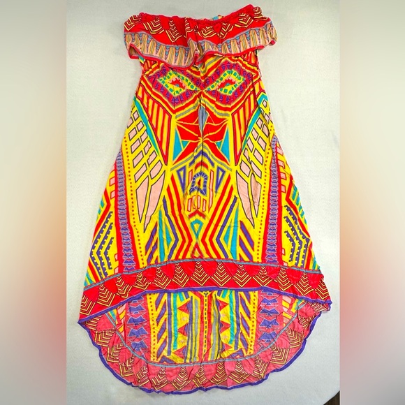 Flying Tomato • Flounce Strapless Dress Size Large Tribal High Low Colorful Cute - Picture 7 of 10
